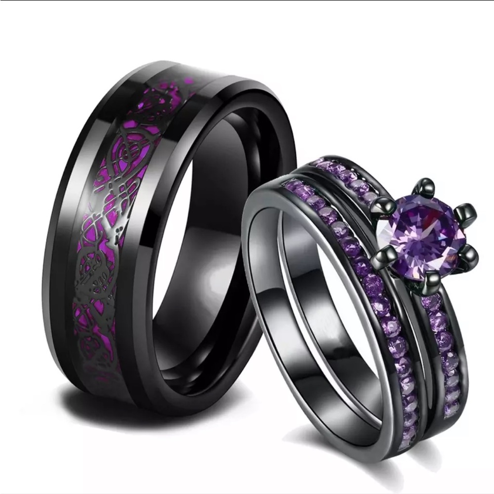 COUPLES MATCHING PURPLE AMETHYST TITANIUM STEEL TUNGSTEN CARBIDE RING SET